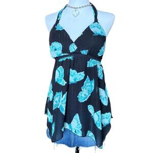 y2k Jordache black & blue butterfly halter top with asymmetrical hem & tie back